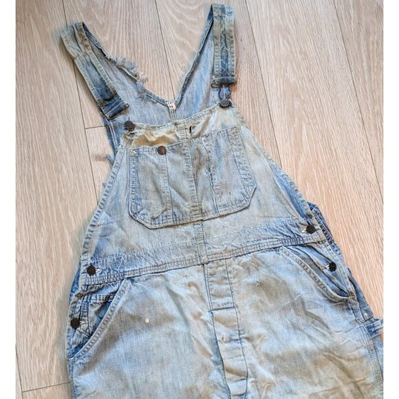 Sanforized Denim Overalls VTG 50s Repaired Distressed Thrashed Faded 35" Waist - Picture 1 of 16